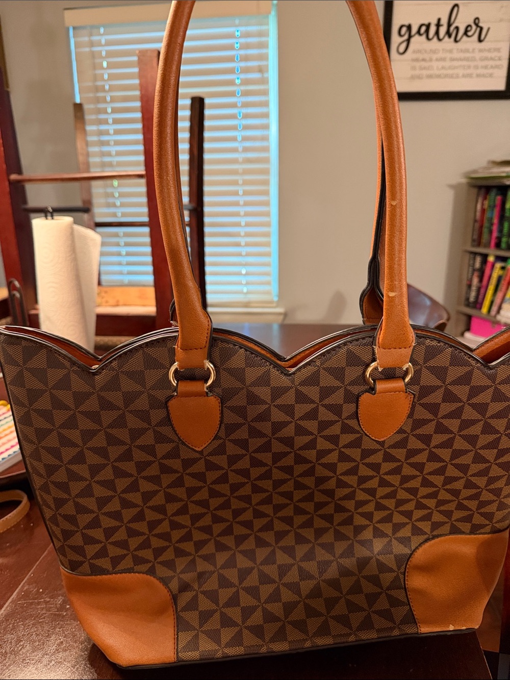 Brown Geometric Tote Bag with Tan Trim
